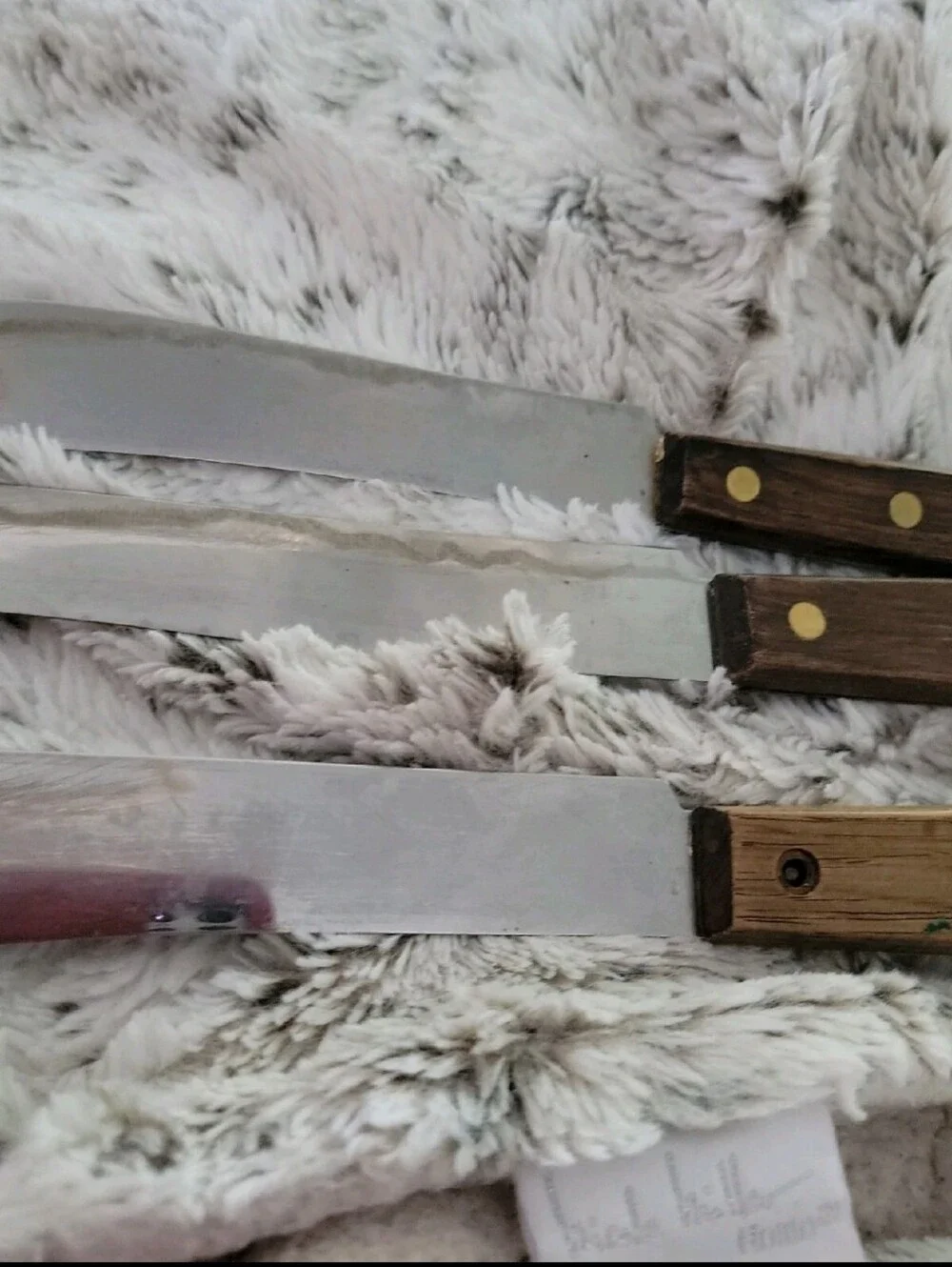 Vintage THREE Real Keen Stainless Butcher Knives Wood Handles